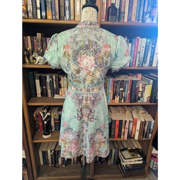 DALIA MACPHEE Printed A Line Dress M Green Jade Pleated Frill Bow Neck D725 - Picture 2 of 8